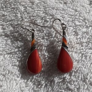 Silver red orange and yellow teardrop earrings.